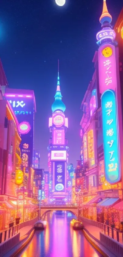 Futuristic neon cityscape at night with moonlit sky.