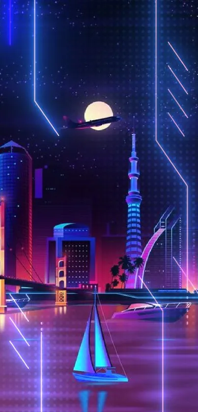 Futuristic neon cityscape at night with vibrant colors.