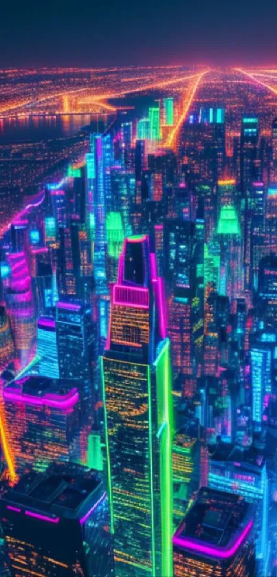 Vibrant neon cityscape at night with glowing skyscrapers.