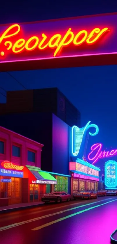Colorful neon cityscape at night with glowing signs and vibrant lighting.