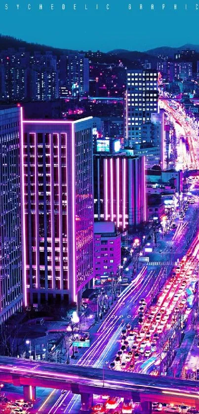 Neon-lit cityscape at night, vibrant urban streets glowing in vibrant hues.