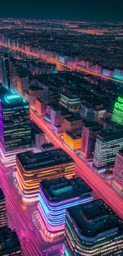 Vibrant neon cityscape with bright lights and modern buildings at night.