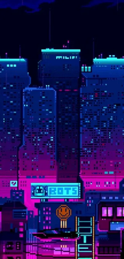 Neon pixel art cityscape with glowing skyscrapers.