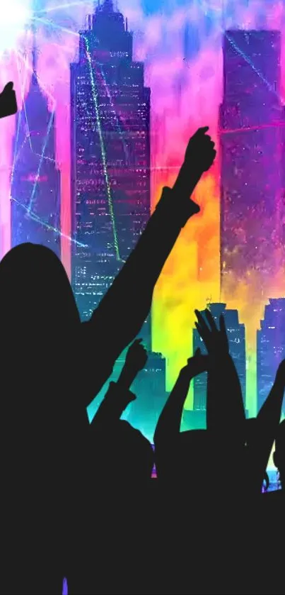 Neon skyline with retro cars and vibrant colors in a futuristic design.