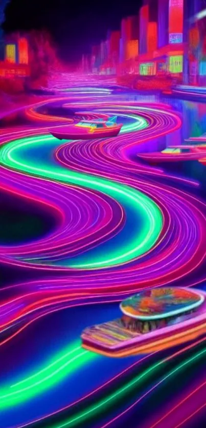 Futuristic neon cityscape with glowing river.