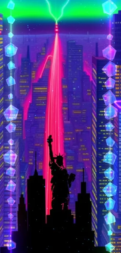 Vibrant neon cityscape with Statue of Liberty silhouette.