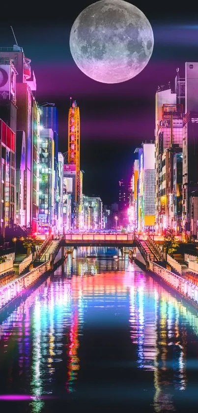 Vibrant cityscape with neon lights below a full moon reflecting in a river.