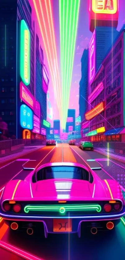 Neon cityscape with colorful car and lights in futuristic style.