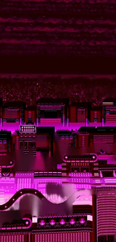 Neon pink and purple digital cityscape wallpaper.