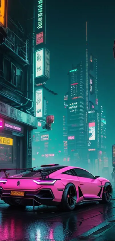 Neon-lit city with a futuristic car in a cyberpunk setting.