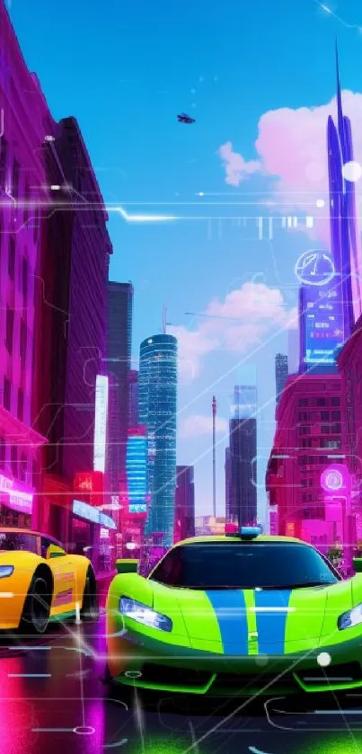 Futuristic cityscape with neon lights and sleek sports cars on a vibrant street.