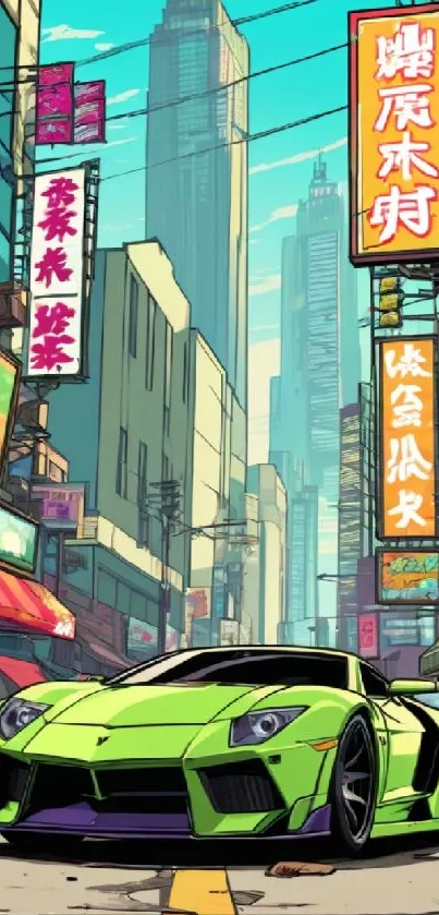 Vibrant cityscape with neon signs and a sleek green sports car.