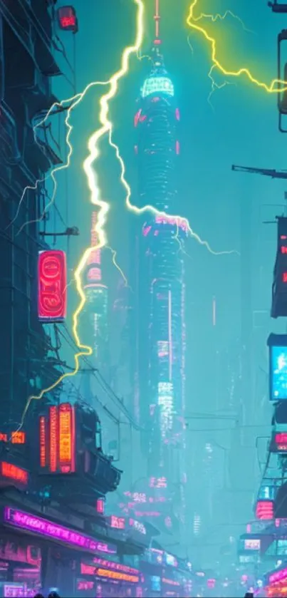 Futuristic neon city with bright lightning.