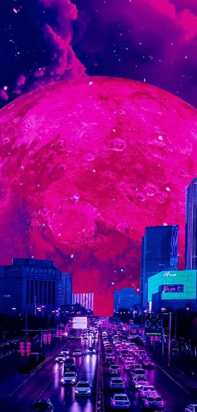 Neon cityscape with a striking red moon backdrop.