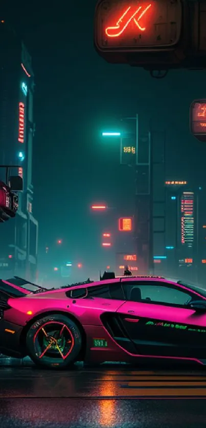 Futuristic cityscape with a neon-lit sports car at night.