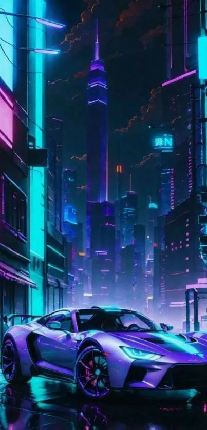 Futuristic neon cityscape with a sportscar.