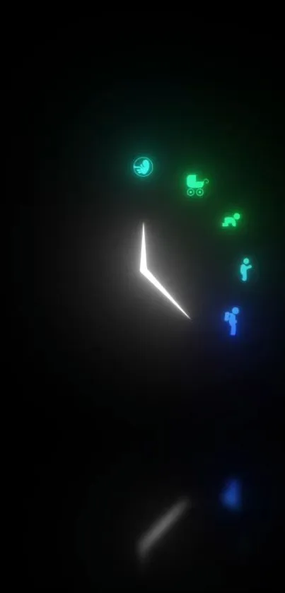 Neon clock with glowing icons on dark background.