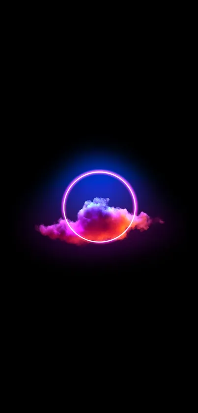 Vibrant neon circle with cloud on dark phone wallpaper.