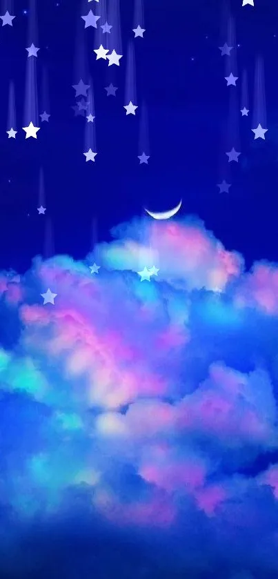 Neon clouds and crescent moon in a deep blue night sky wallpaper.