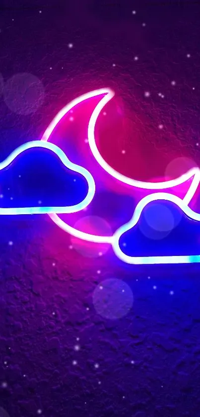 Neon clouds with crescent moon on purple background