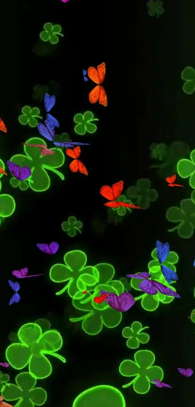 Neon green clovers with colorful butterflies on a dark background.