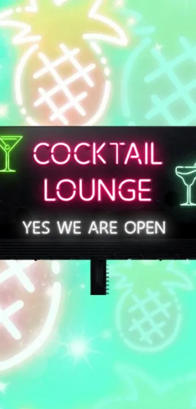 Neon cocktail lounge sign with tropical backdrop in mint green.