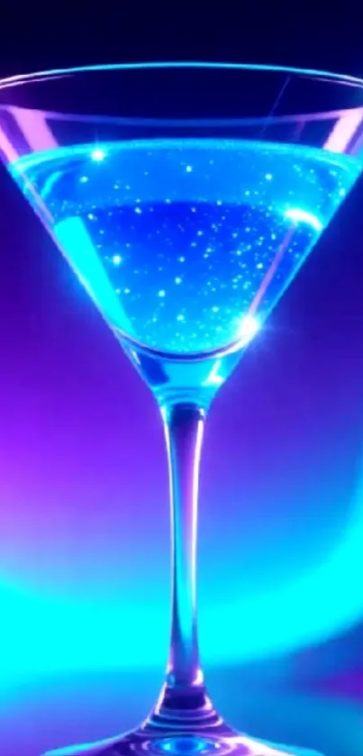 Neon cocktail glass with vibrant blue lights.