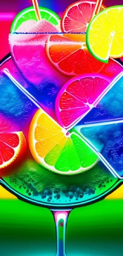 Vibrant neon cocktail with citrus slices in bright colors.