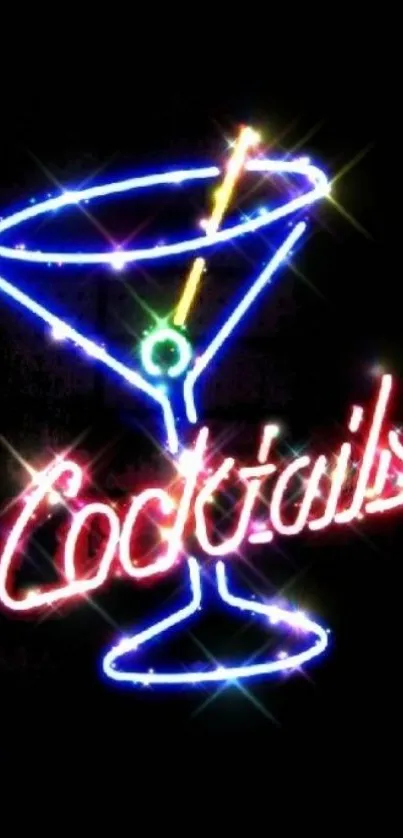 Neon cocktails martini sign with glow on black background.