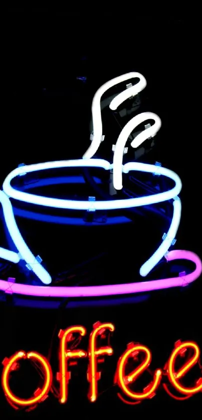 Neon coffee cup art with vibrant colors on a black background.