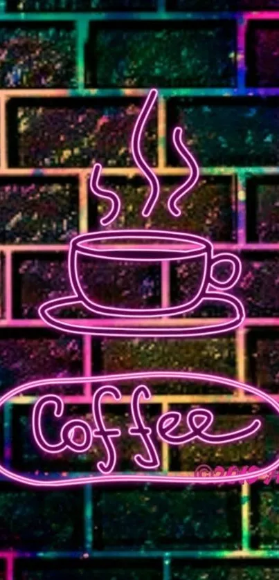 Neon pink coffee cup on a brick wall.