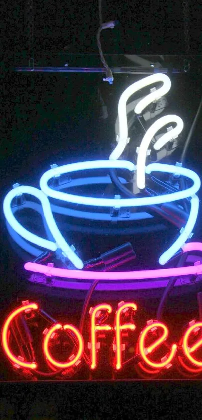 Vibrant neon coffee cup sign glowing brightly.