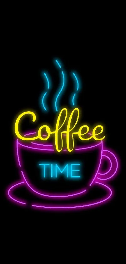 Neon coffee cup with colorful steam on a black background.