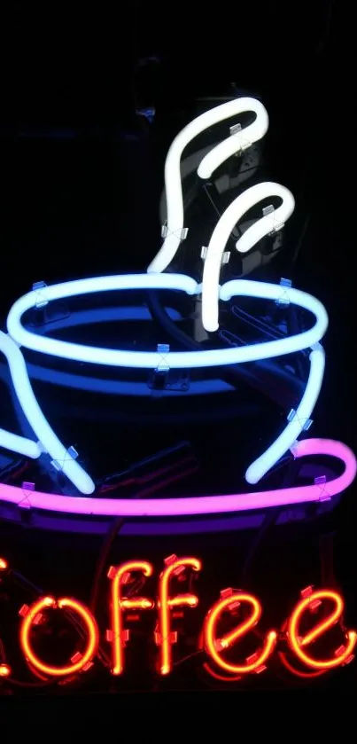 Neon coffee cup glowing in black background.