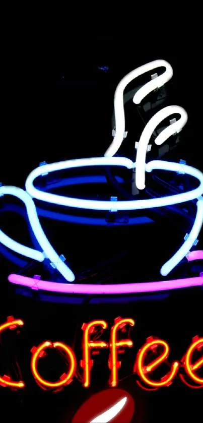 Neon coffee cup and steam with vibrant glowing colors on a black background.