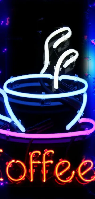 Neon coffee cup glowing with blue and red lights.