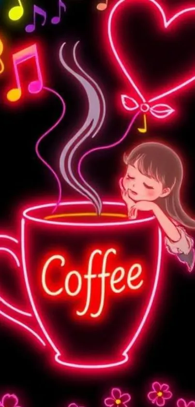 Neon art with coffee cup and whimsical elements.