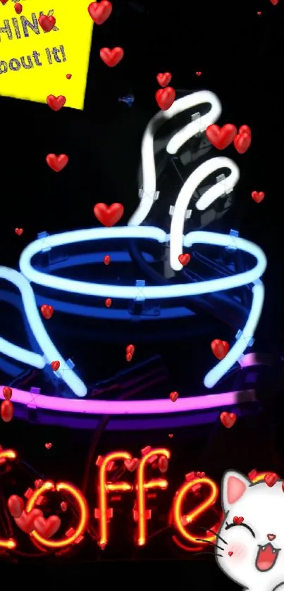 Neon coffee cup with red hearts and playful cat design.