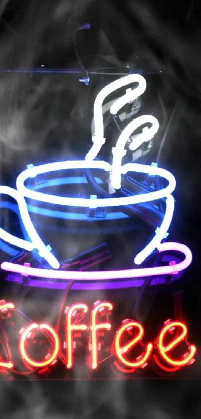 Neon coffee sign glowing in the dark.