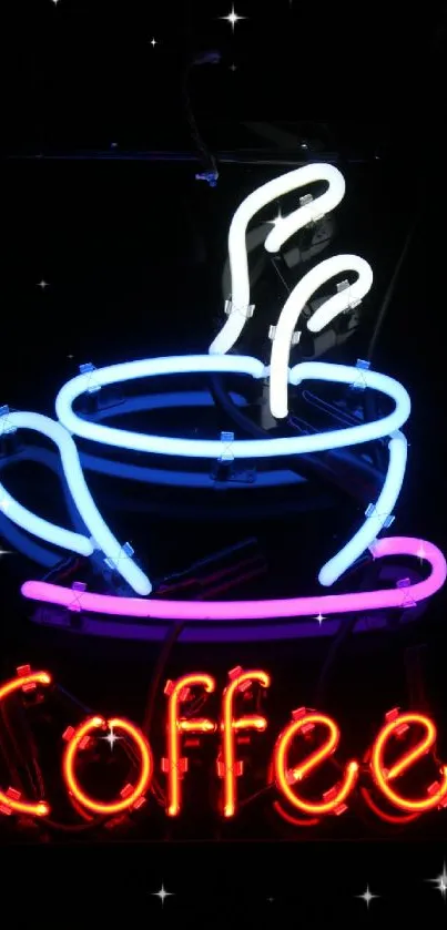 Vibrant neon coffee sign with colorful illumination on a dark background.