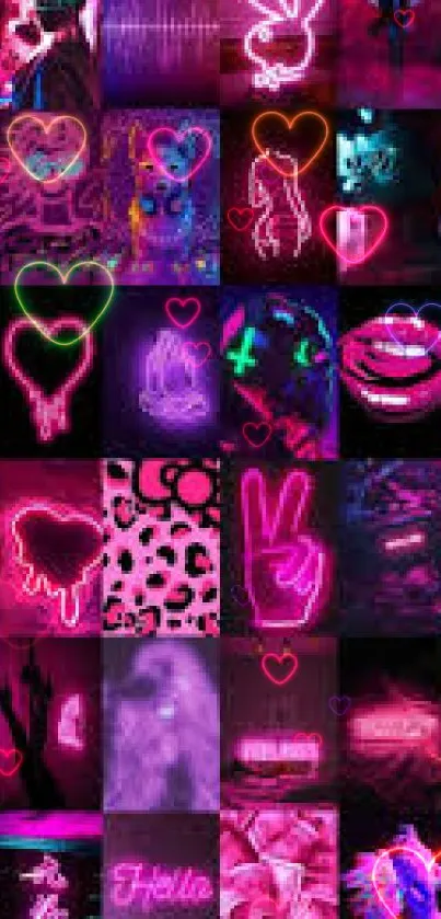 Neon collage wallpaper with pink and purple retro designs, perfect for phones.