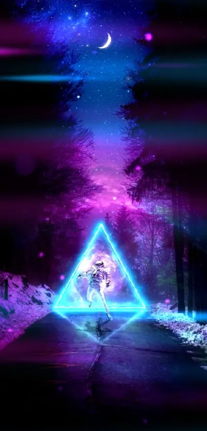 Neon triangle with a mystical figure in a cosmic nightscape with dark blue hues.