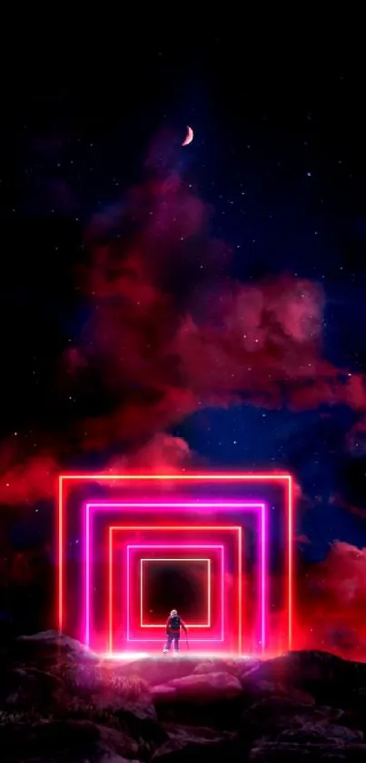 Neon cosmic portal amidst vibrant night sky with stars and clouds.