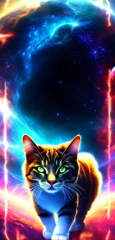 Bright neon cosmic cat in space with galaxy background.