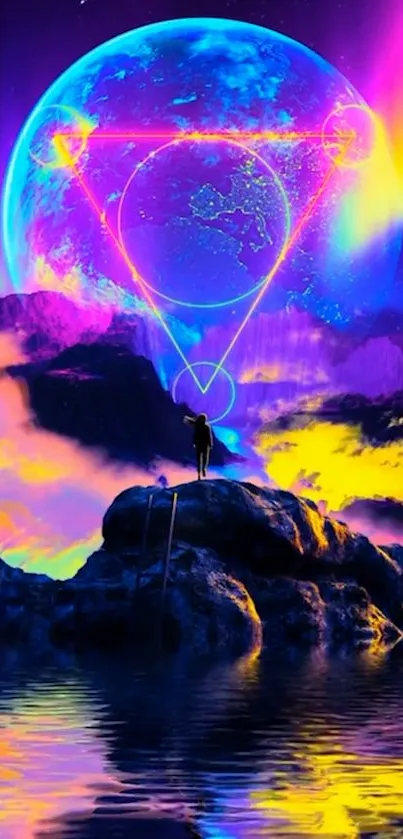 Neon cosmic dreamscape with vibrant pink and blue hues, featuring a silhouetted figure.