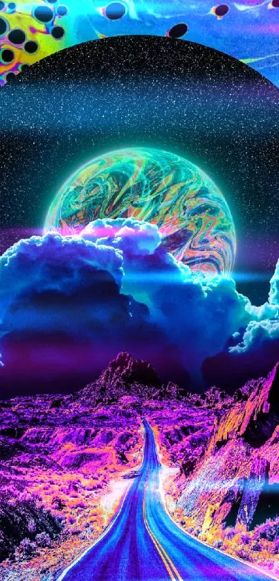 Vibrant neon landscape with cosmic elements and surreal colors.