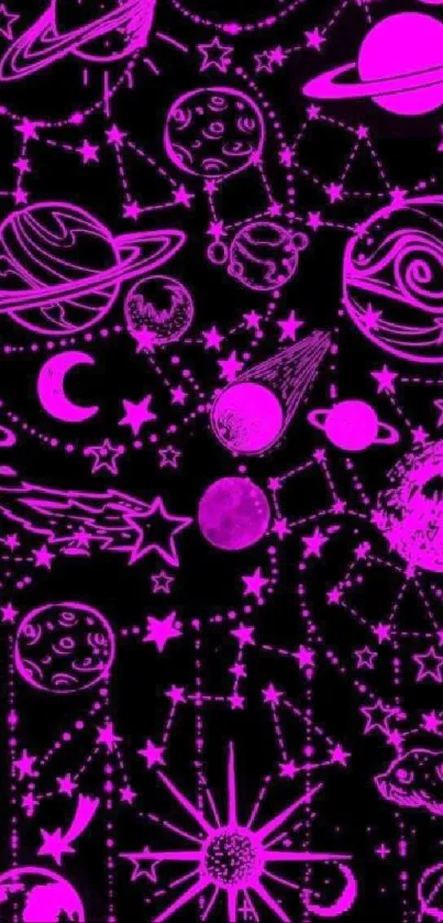 Neon galaxy wallpaper with pink planets and stars on black background.