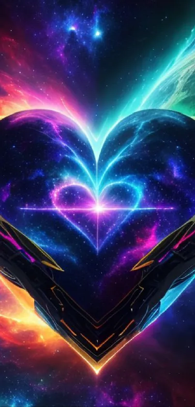 Neon cosmic heart with colorful space background.