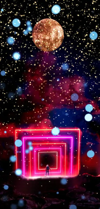 Neon squares under a starry night with a cosmic moon and a distant figure.