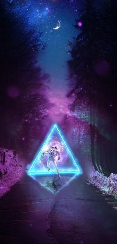 Futuristic astronaut in neon cosmic landscape with purple and blue hues.